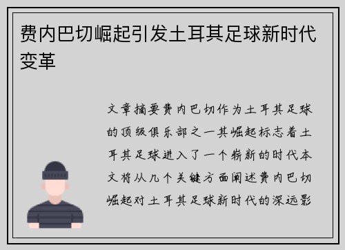 费内巴切崛起引发土耳其足球新时代变革
